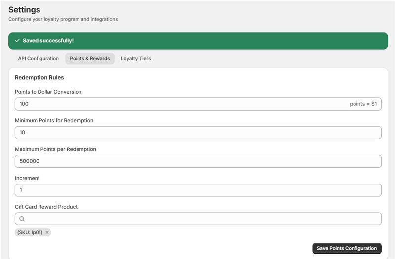 Shopify loyalty program settings: Points to dollar conversion (100 points = $1), min/max redemption points, reward product, and gift card product fields.